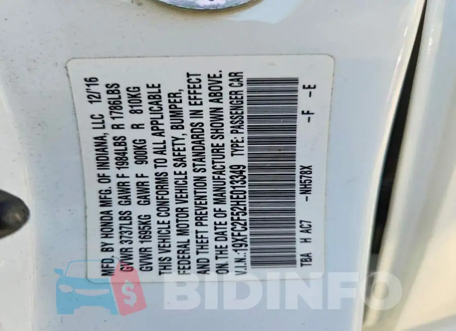 19XFC2F52HE013349 Photo# 12