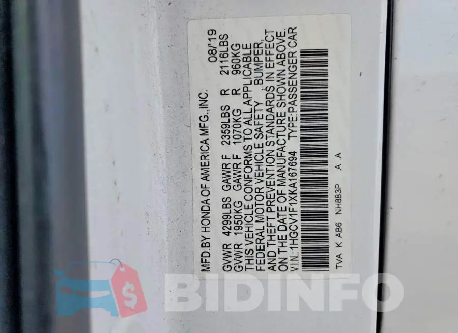 1HGCV1F1XKA167694 Photo# 12