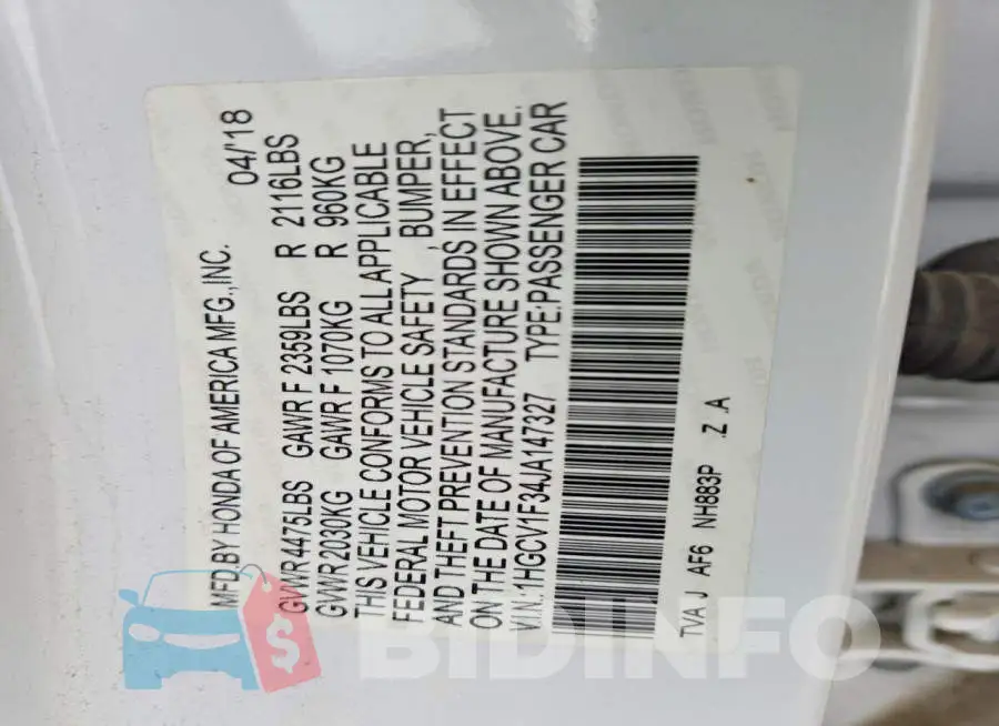 1HGCV1F34JA147327 Photo# 12