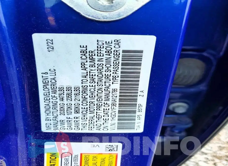 1HGCV1F38NA121786 Photo# 12