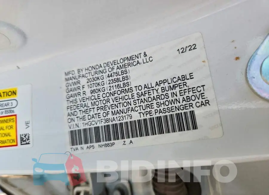 1HGCV1F38NA123179 Photo# 13