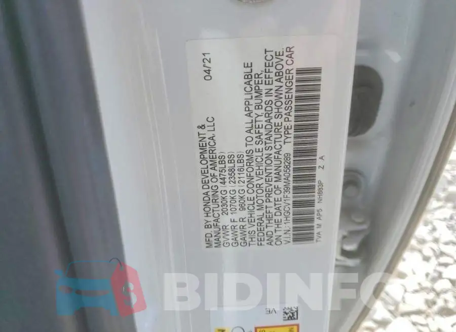 1HGCV1F39MA058289 Photo# 12
