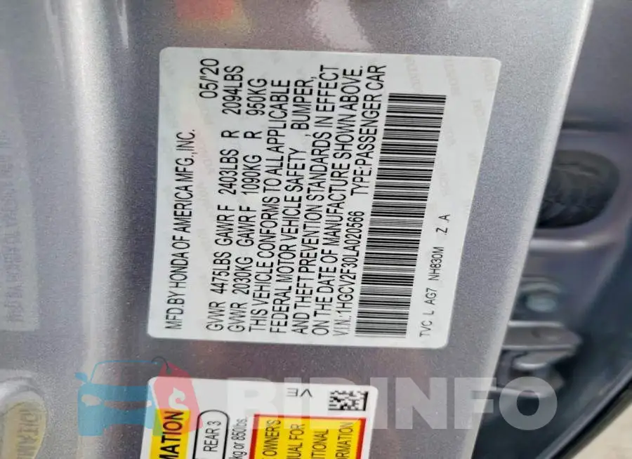 1HGCV2F30LA020566 Photo# 12