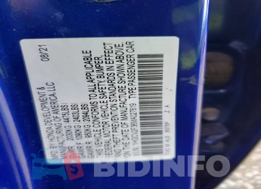 1HGCV2F36MA027619 Photo# 12