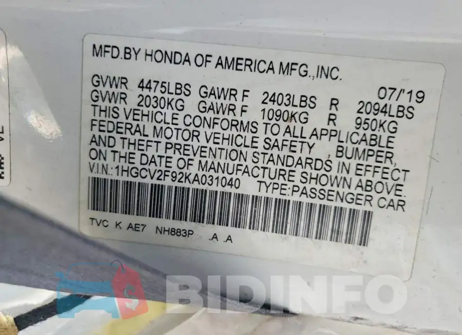 1HGCV2F92KA031040 Photo# 12