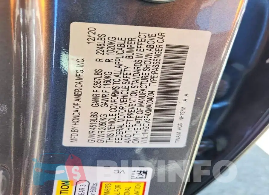1HGCV3F4XMA004004 Photo# 12
