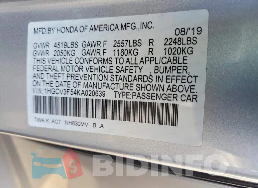 1HGCV3F54KA020639 Photo# 12