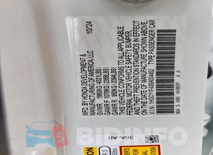 1HGCY1F43SA004452 Photo# 12
