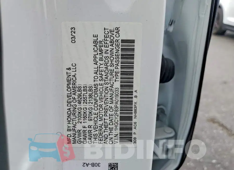 1HGCY2F83PA019033 Photo# 12