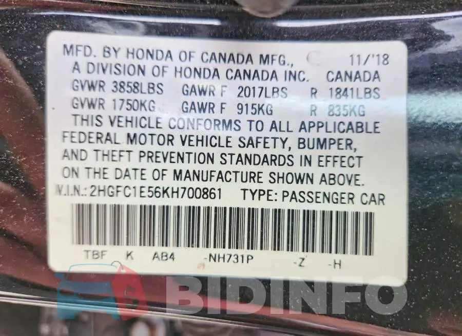 2HGFC1E56KH700861 Photo# 12
