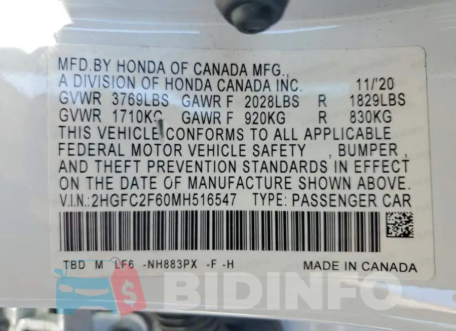2HGFC2F60MH516547 Photo# 13