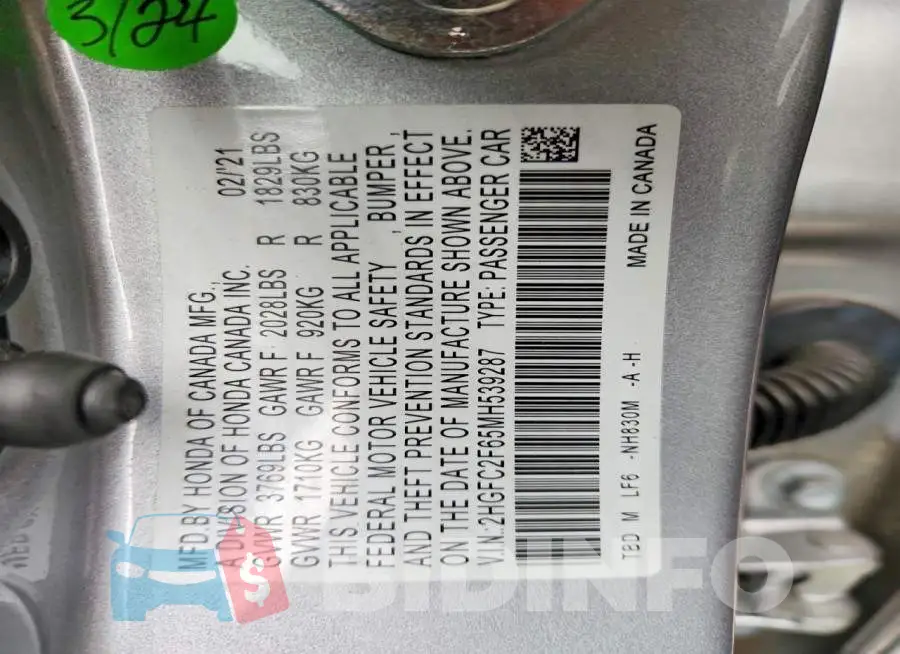 2HGFC2F65MH539287 Photo# 12