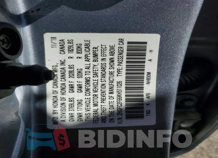 2HGFC2F66KH511026 Photo# 12