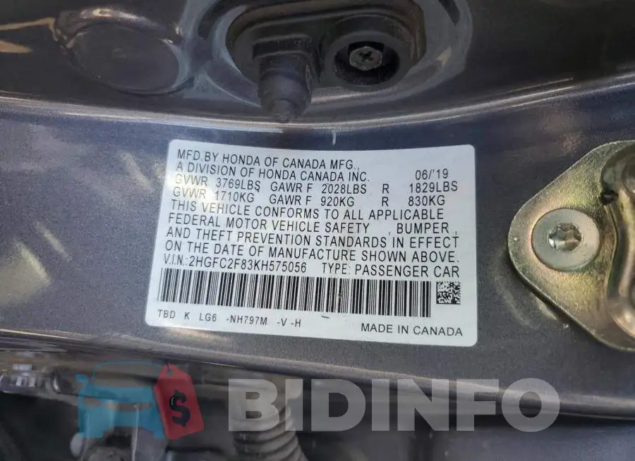 2HGFC2F83KH575056 Photo# 12