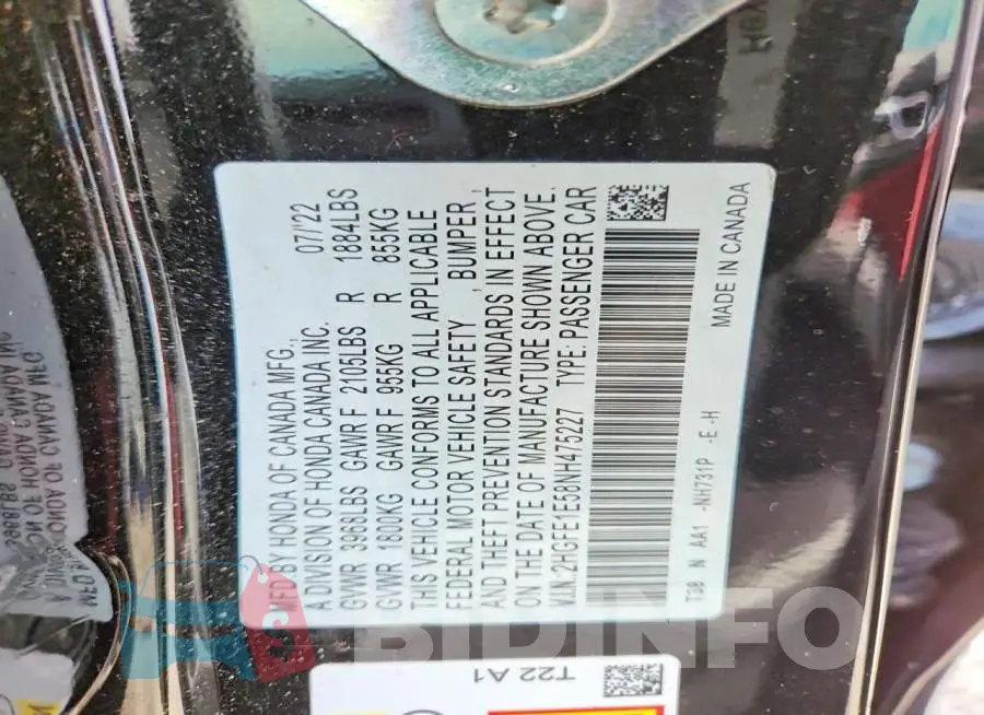 2HGFE1E58NH475227 Photo# 12