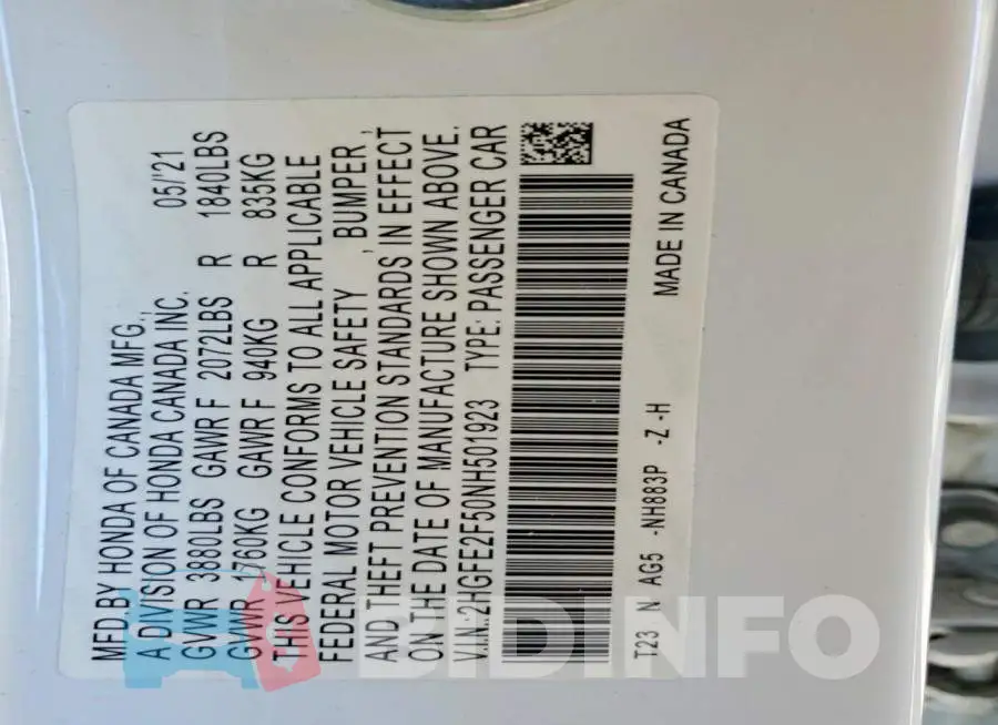 2HGFE2F50NH501923 Photo# 13