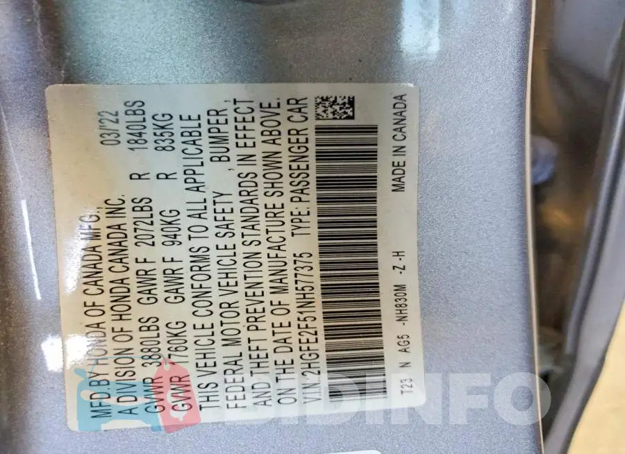 2HGFE2F51NH577375 Photo# 12