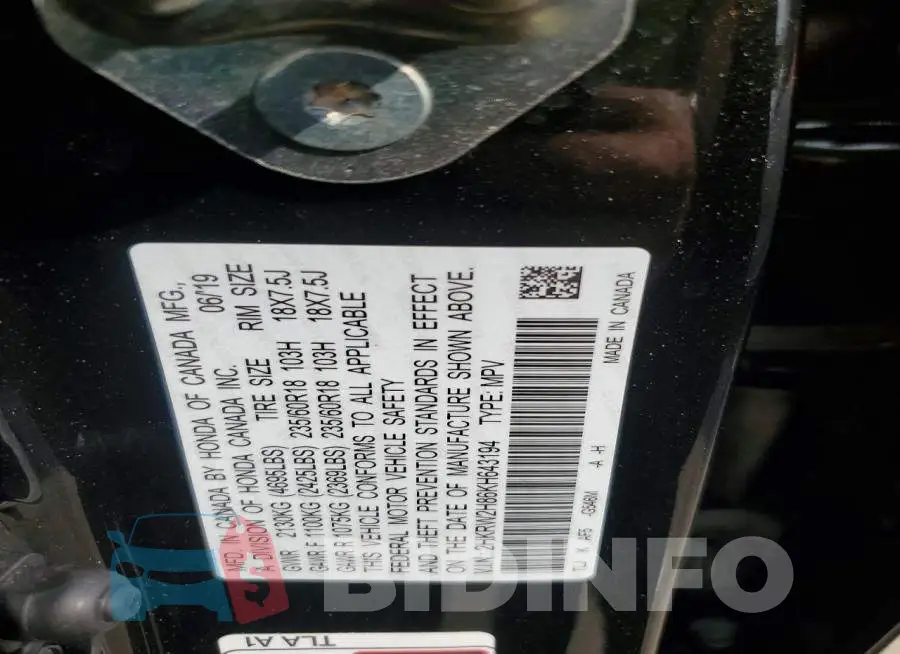 2HKRW2H86KH643194 Photo# 13