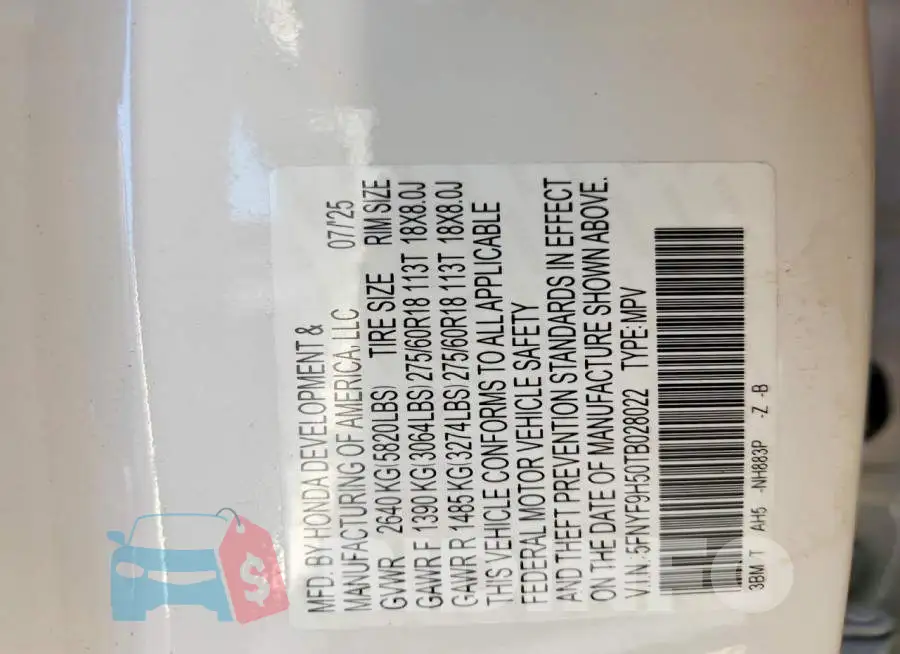 5FNYF9H50TB028022 Photo# 14