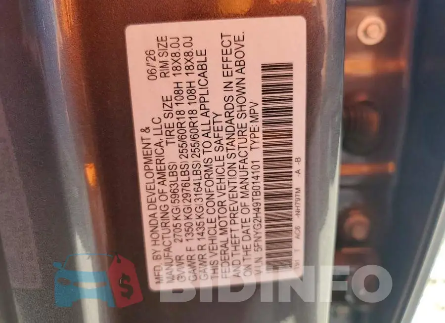 5FNYG2H49TB014101 Photo# 14