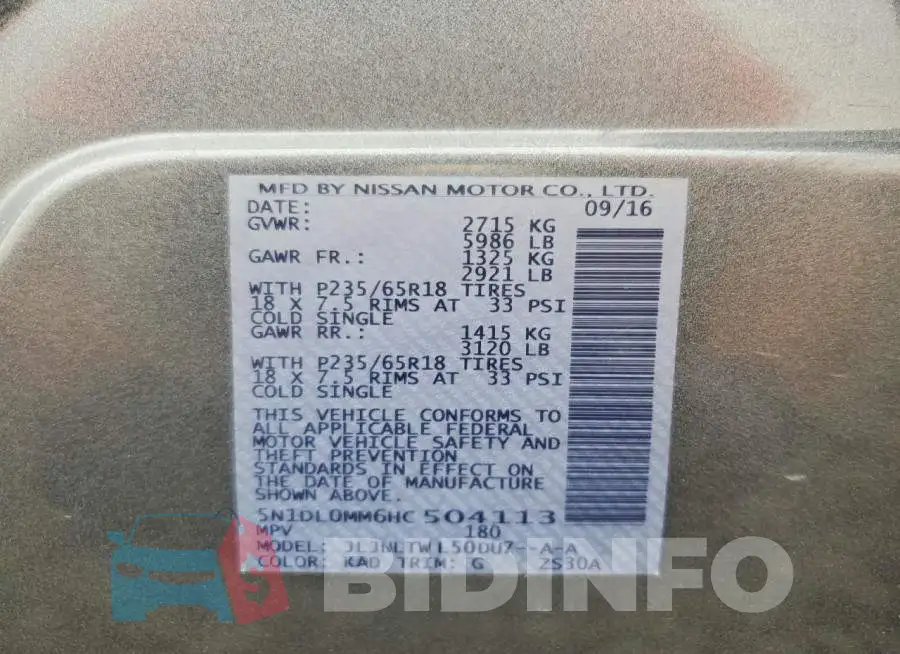 5N1DL0MM6HC504113 Photo# 13