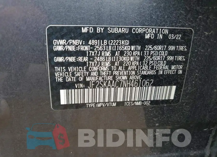 JF2SKAAC7NH461062 Photo# 13
