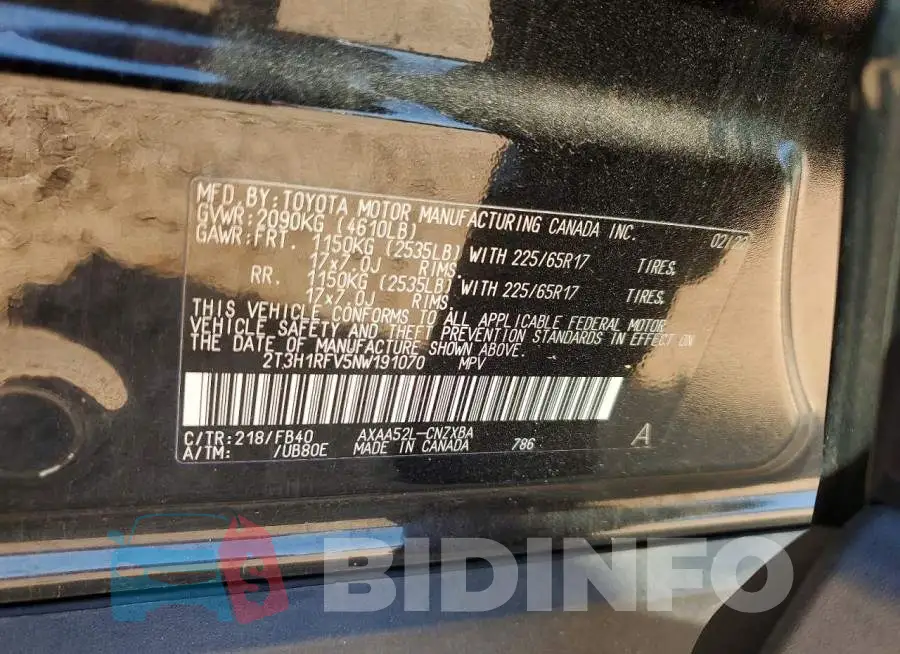 2T3H1RFV5NW191070 Photo# 14