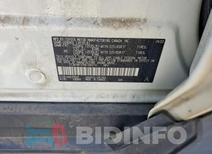 2T3H1RFV7NC190214 Photo# 12