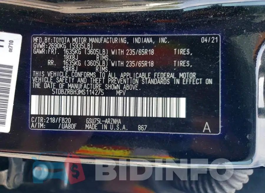5TDBZRBH3MS114275 Photo# 12
