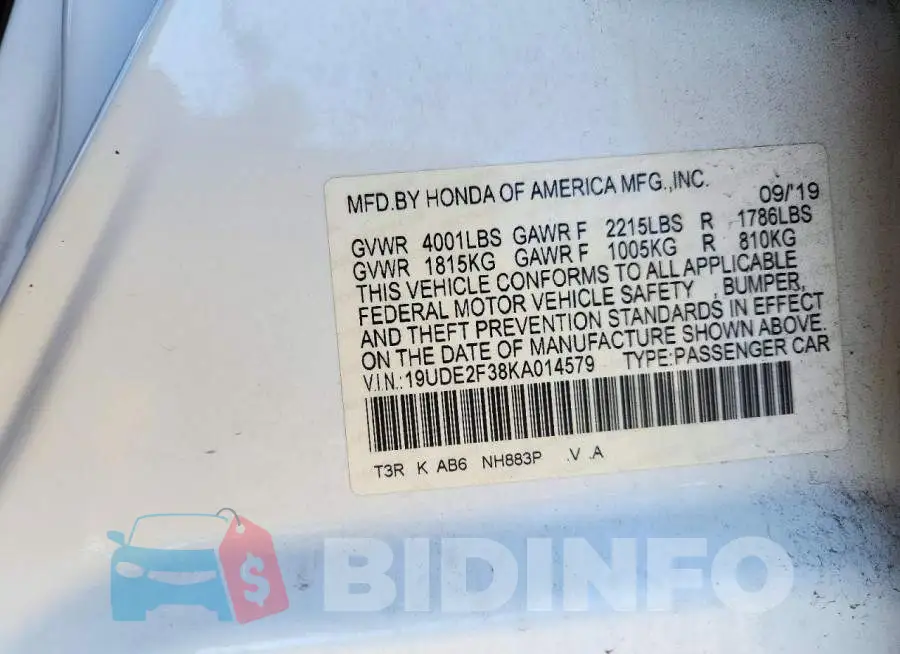 19UDE2F38KA014579 Photo# 12