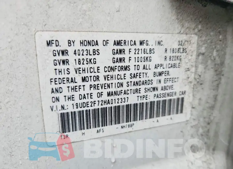 19UDE2F72HA012337 Photo# 12