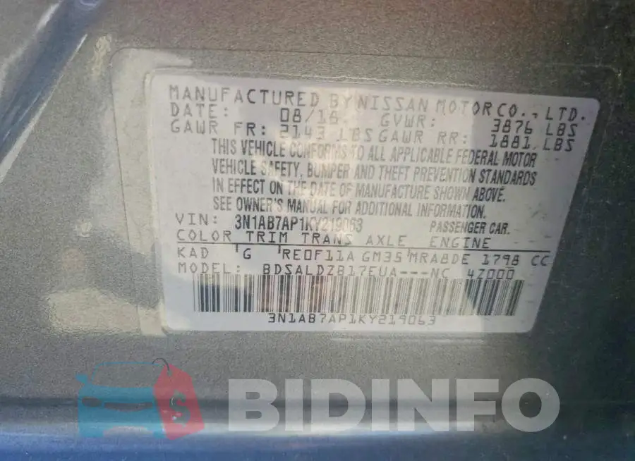 3N1AB7AP1KY219063 Photo# 13