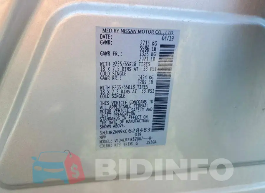 5N1DR2MN9KC628483 Photo# 13