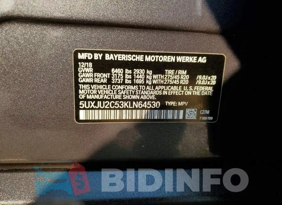 5UXJU2C53KLN64530 Photo# 12
