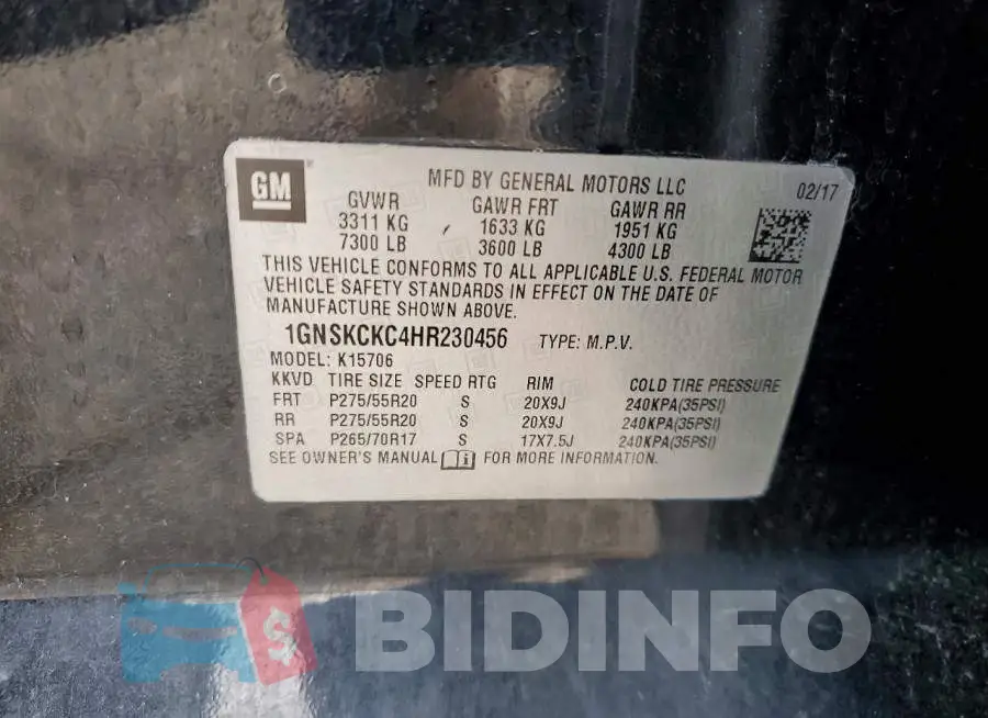 1GNSKCKC4HR230456 Photo# 13
