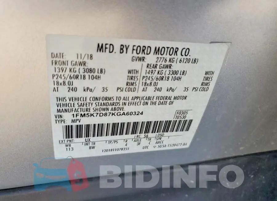 1FM5K7D87KGA60324 Photo# 13
