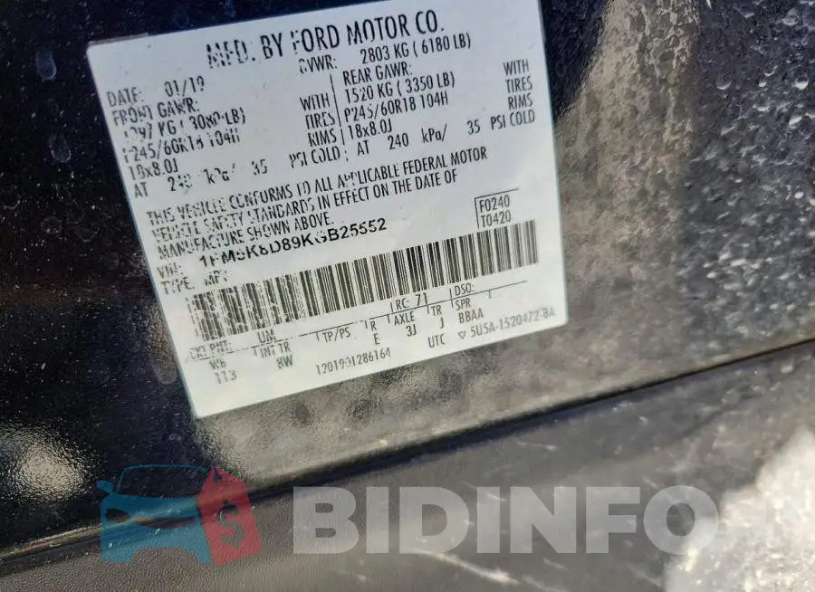 1FM5K8D89KGB25552 Photo# 13