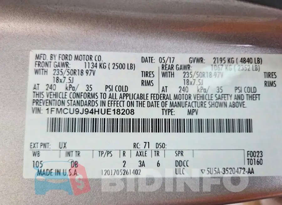 1FMCU9J94HUE18208 Photo# 14