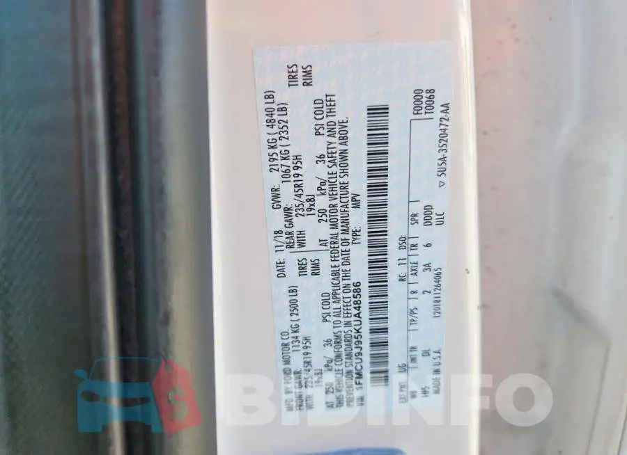 1FMCU9J95KUA48586 Photo# 12
