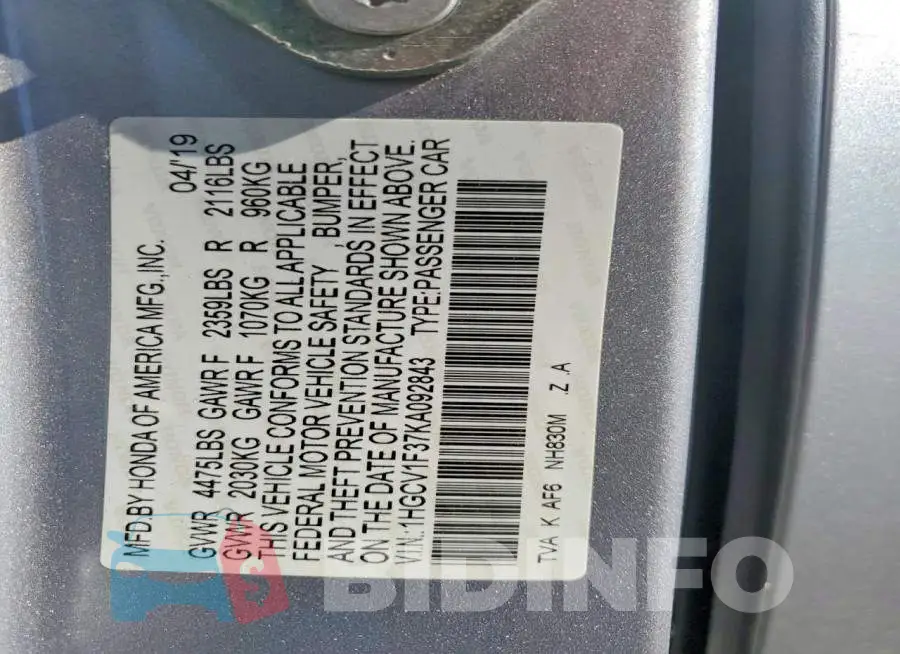 1HGCV1F37KA092843 Photo# 12