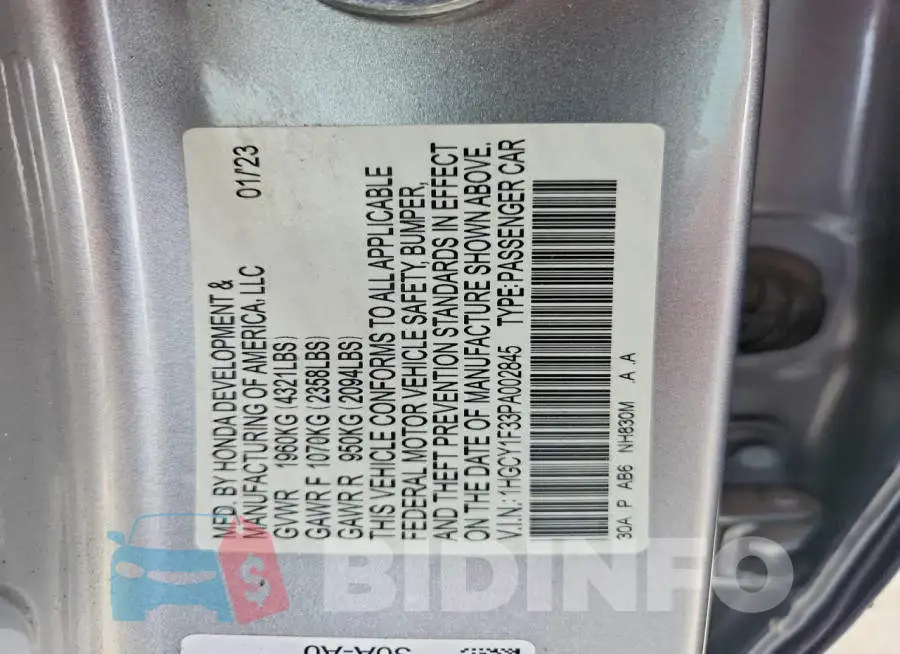 1HGCY1F33PA002845 Photo# 12