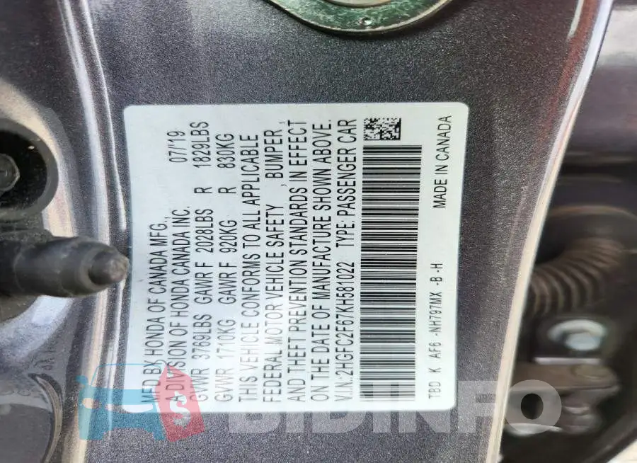 2HGFC2F67KH581022 Photo# 13