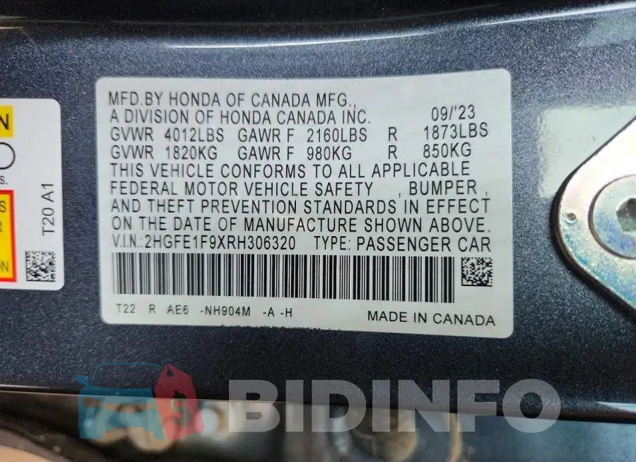 2HGFE1F9XRH306320 Photo# 12