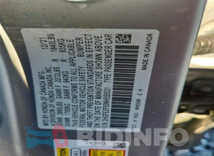 2HGFE2F50NH555531 Photo# 12