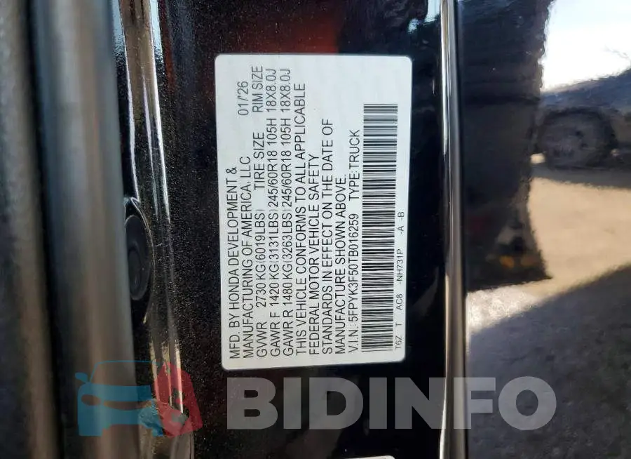 5FPYK3F50TB016259 Photo# 13