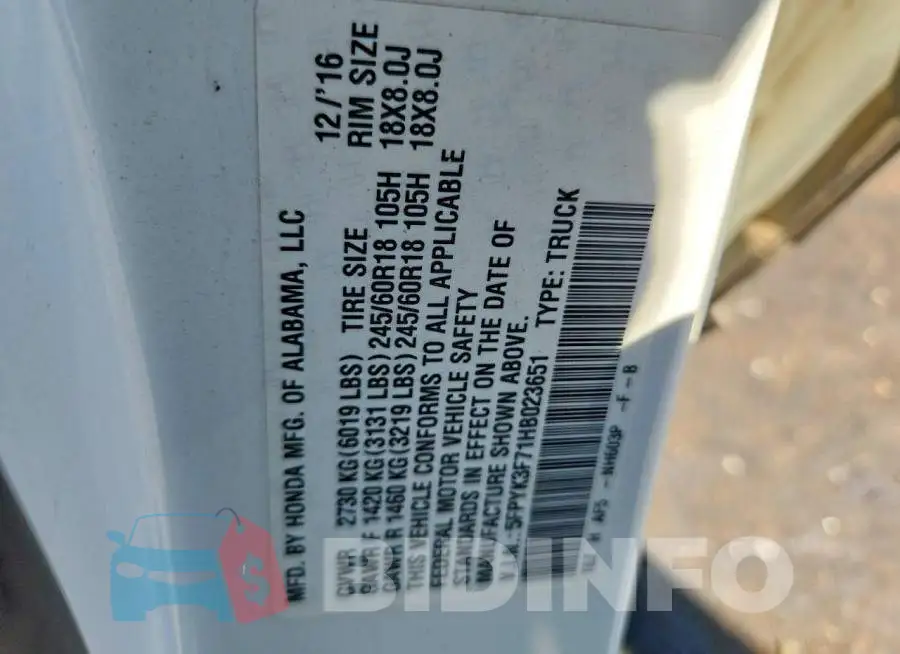 5FPYK3F71HB023651 Photo# 13