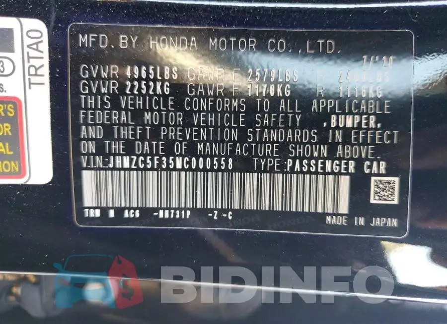 JHMZC5F35MC000558 Photo# 13