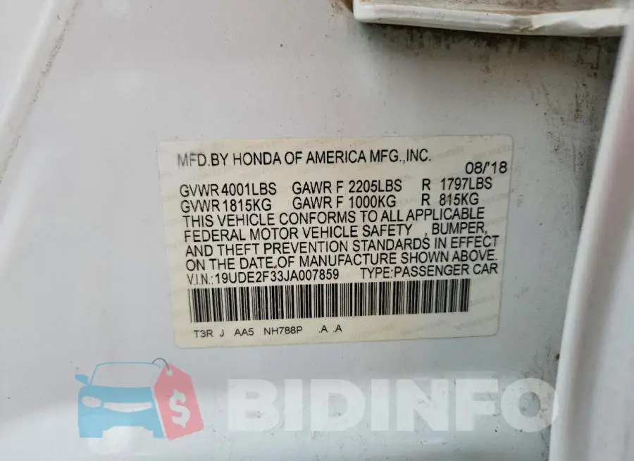 19UDE2F33JA007859 Photo# 13