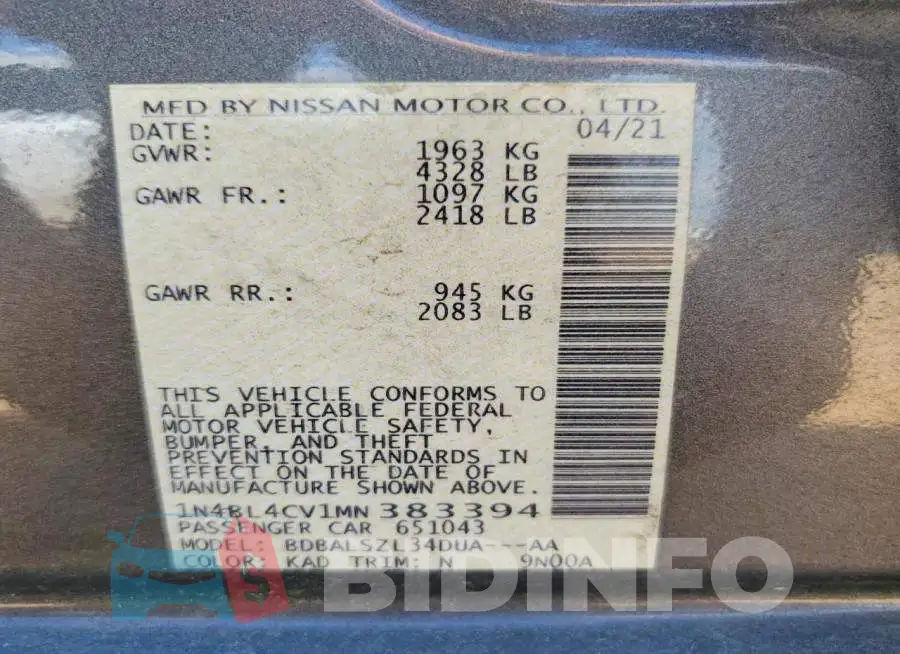 1N4BL4CV1MN383394 Photo# 13
