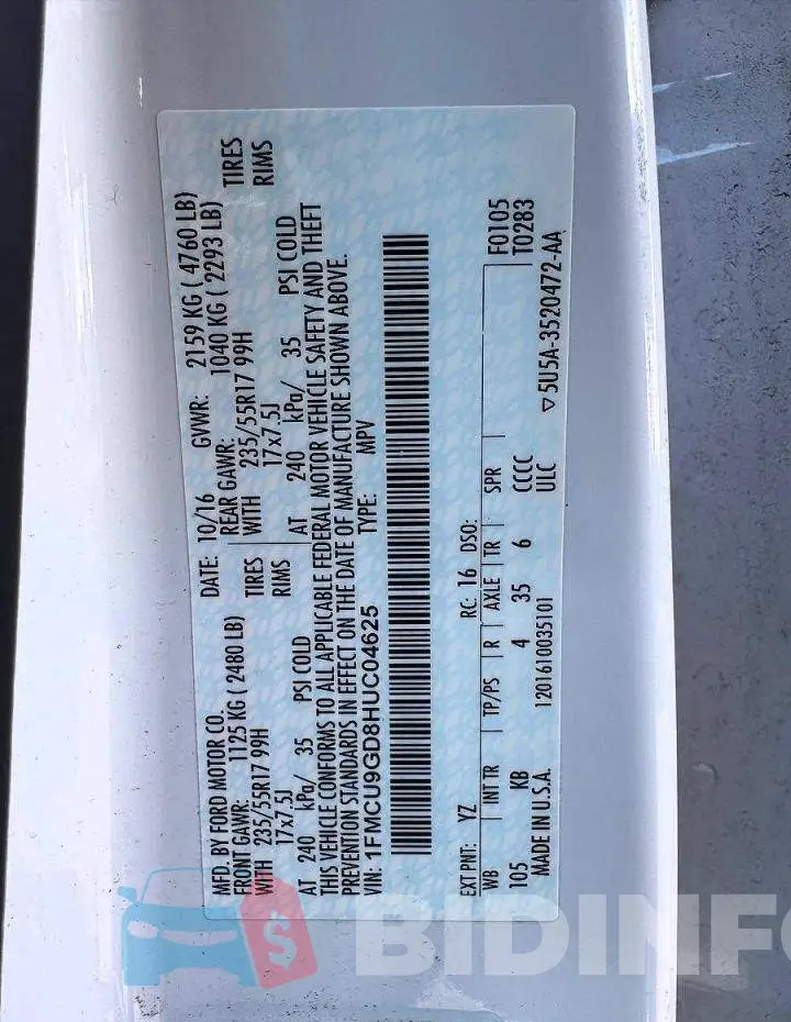 1FMCU9GD8HUC04625 Photo# 10